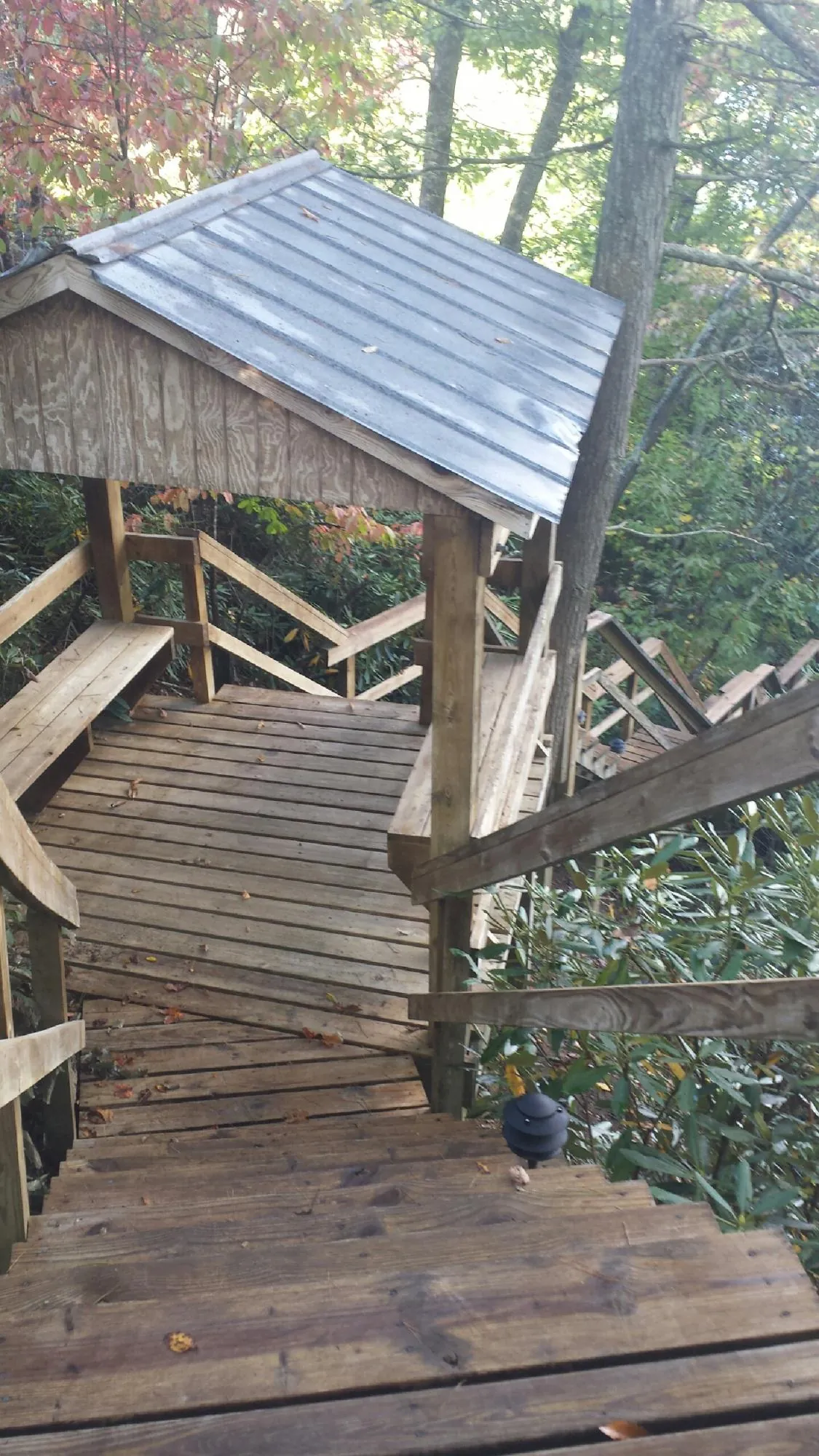 Metal roofed shelter over wooden steps on a wooded walkway — Skylight Repair & Installation work by our crew in Mount Ayr